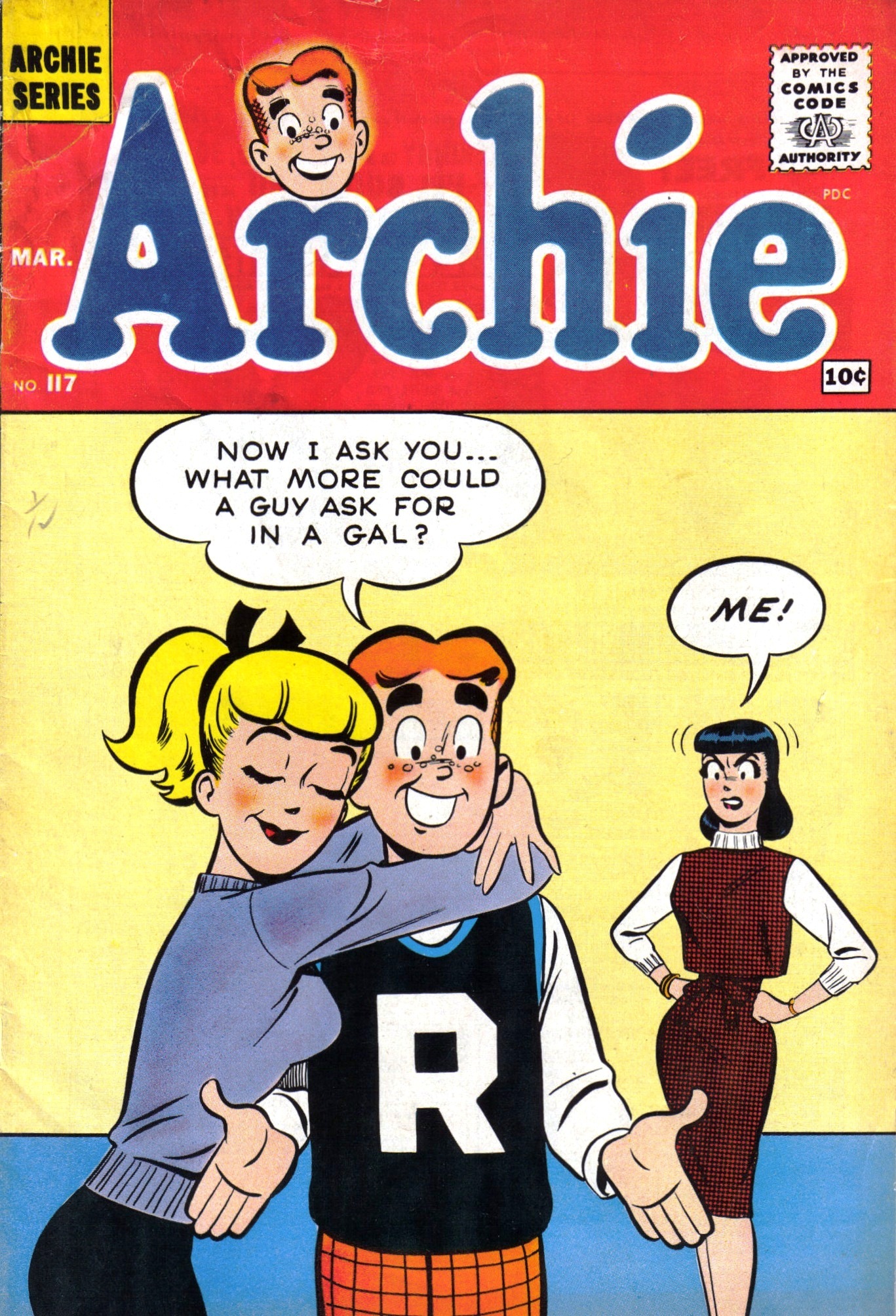 Cover of Archie number 117 from 1961 featuring Betty Cooper, Archie Andrews and Veronica Lodge, penciled by Harry Lucey