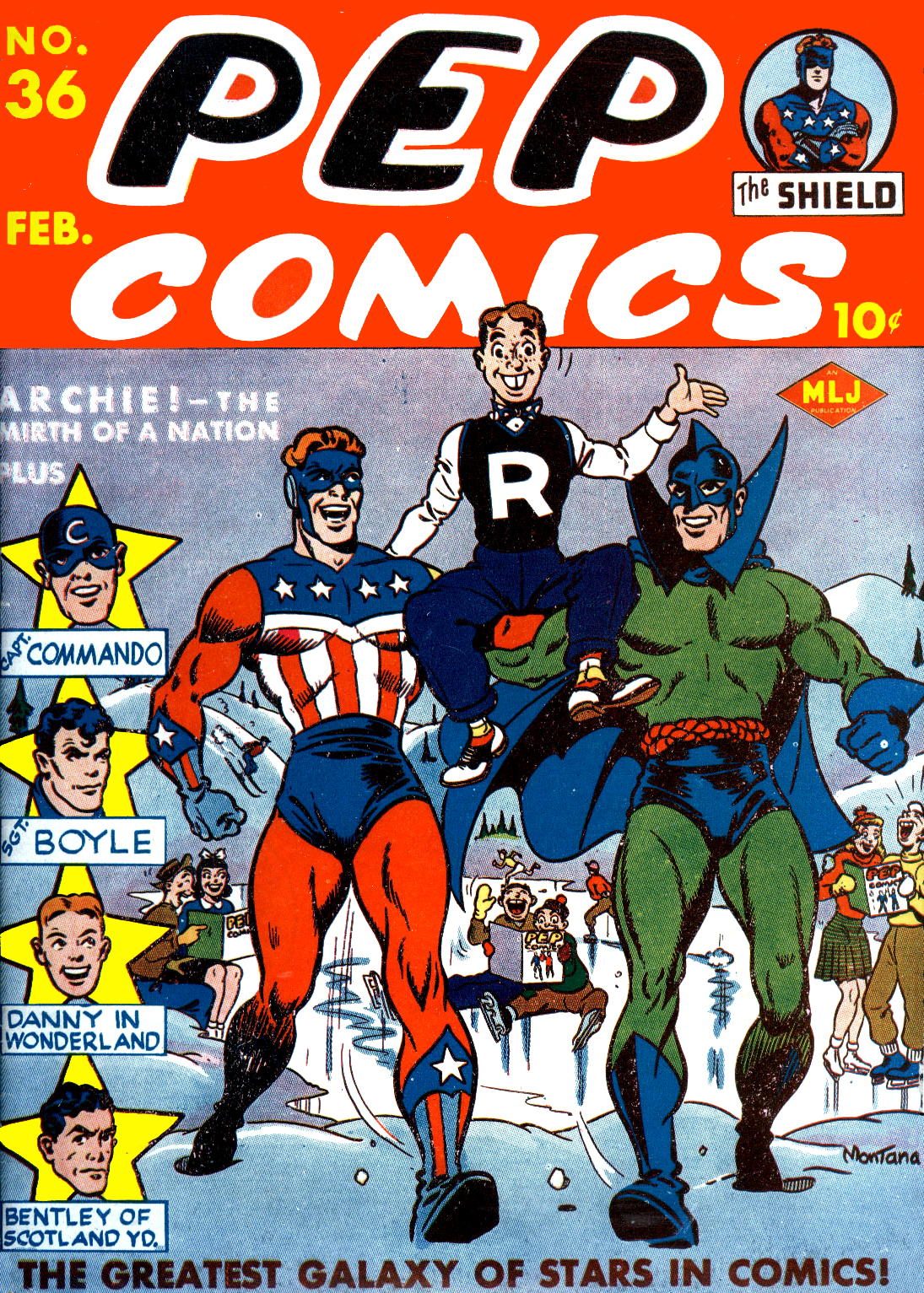 Bob Montana cover for Pep Comics number 36 from February 1943 featuring Archie Andrews with The Shield and The Hangman