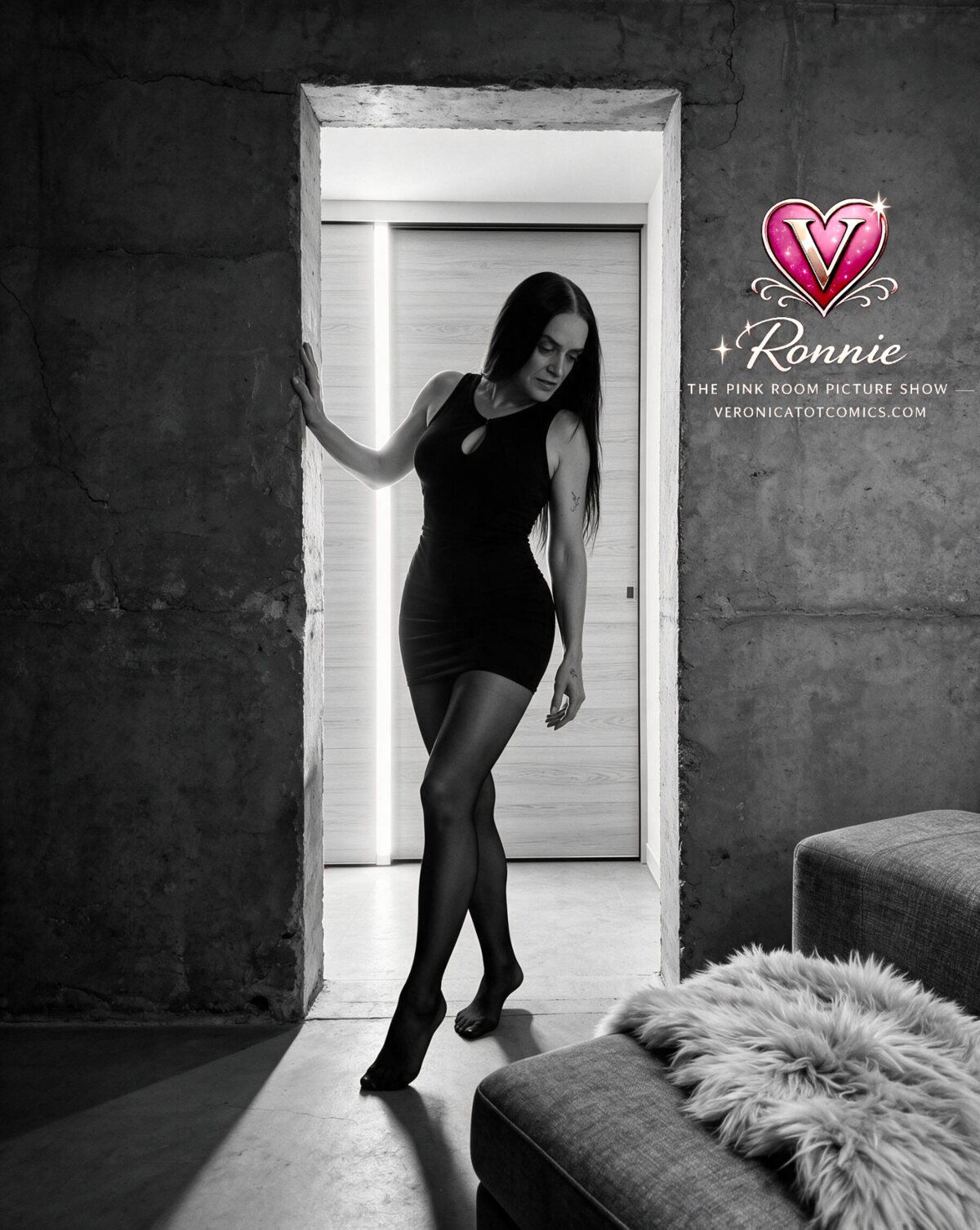 Veronica Totten standing in a concrete doorway wearing a black mini dress and sheer tights