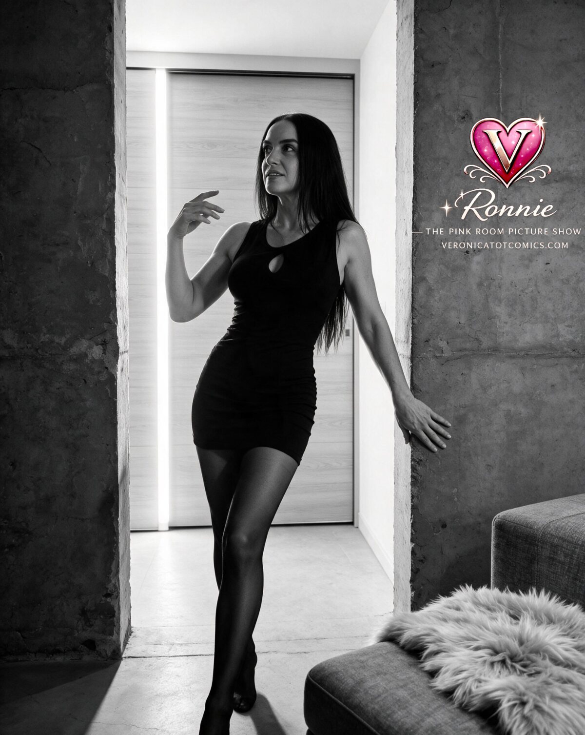 Veronica Totten framed by a concrete doorway in a black mini dress and sheer tights