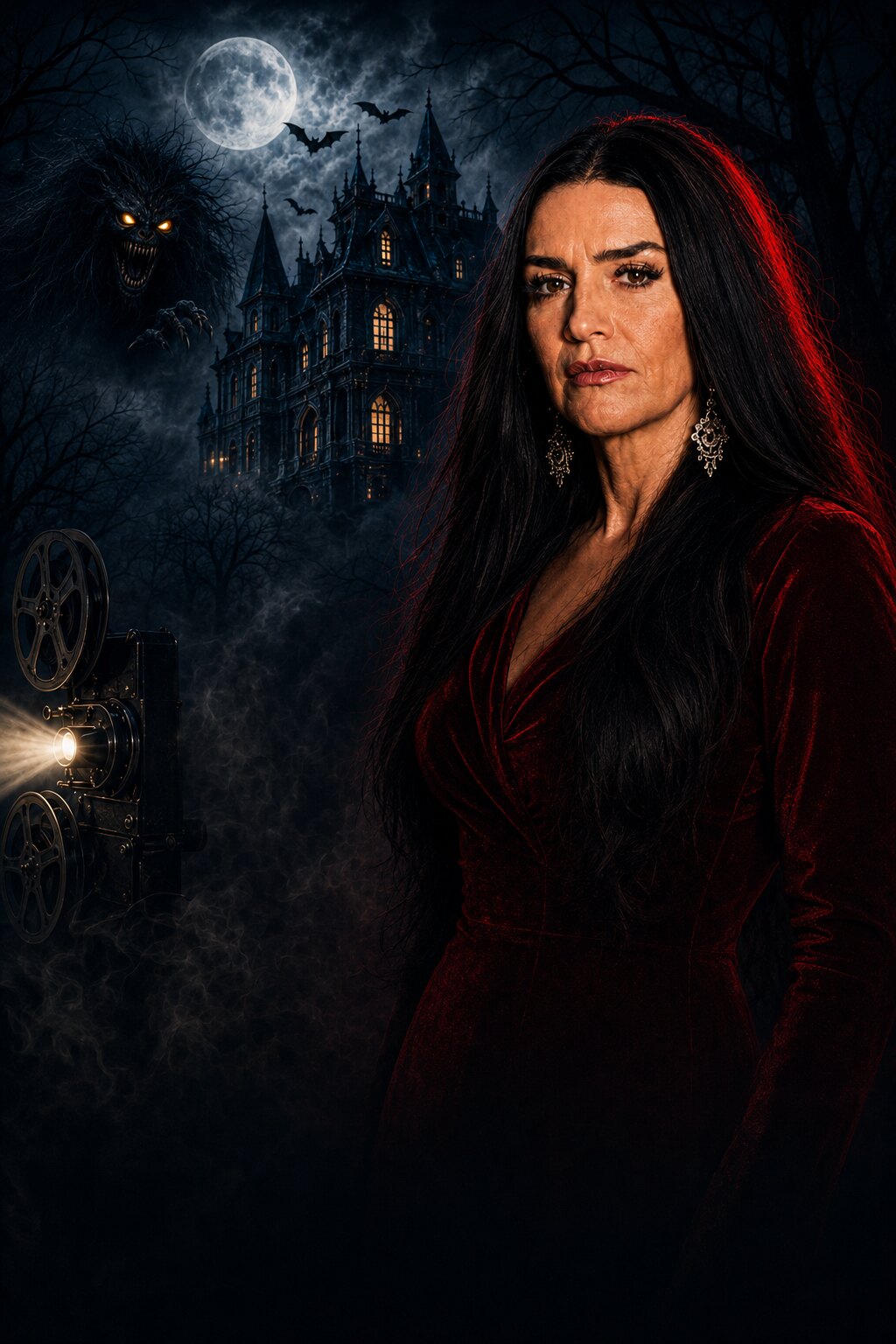Veronica Totten in a burgundy velvet gown before a moonlit haunted mansion with a vintage film projector