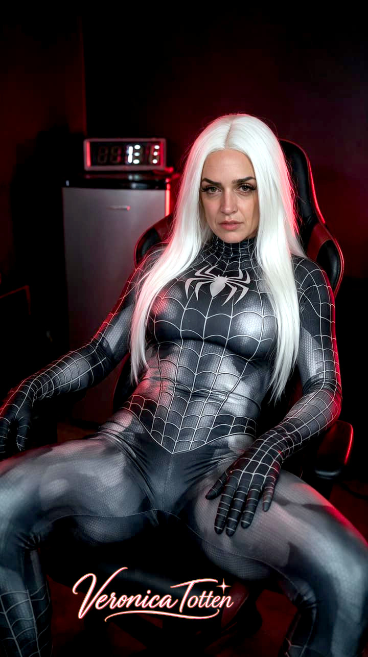 Veronica Totten reclining in a black spider suit with dramatic red and blue lighting