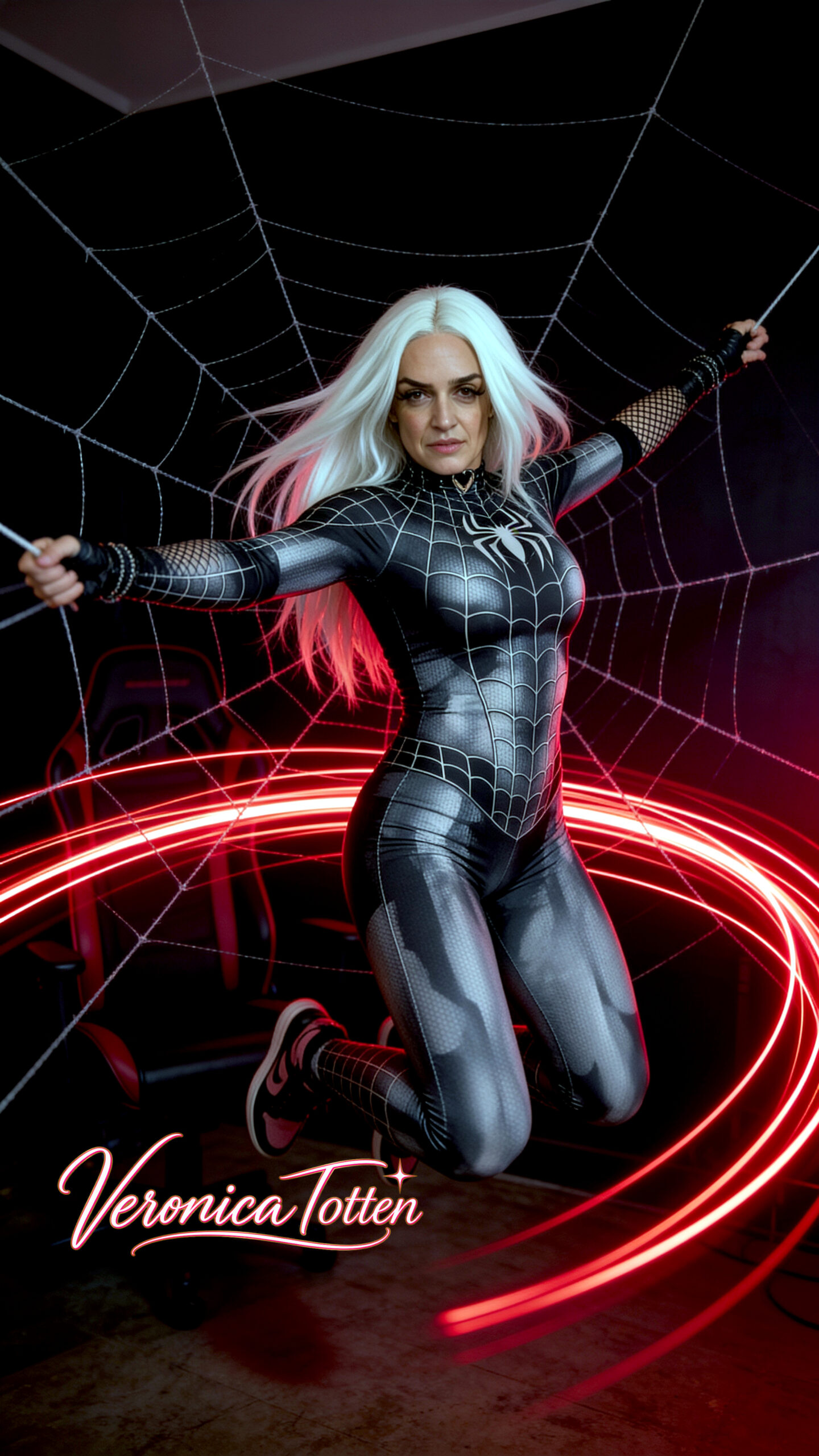 Veronica Totten in a black spider suit against a dark wall with red backlighting