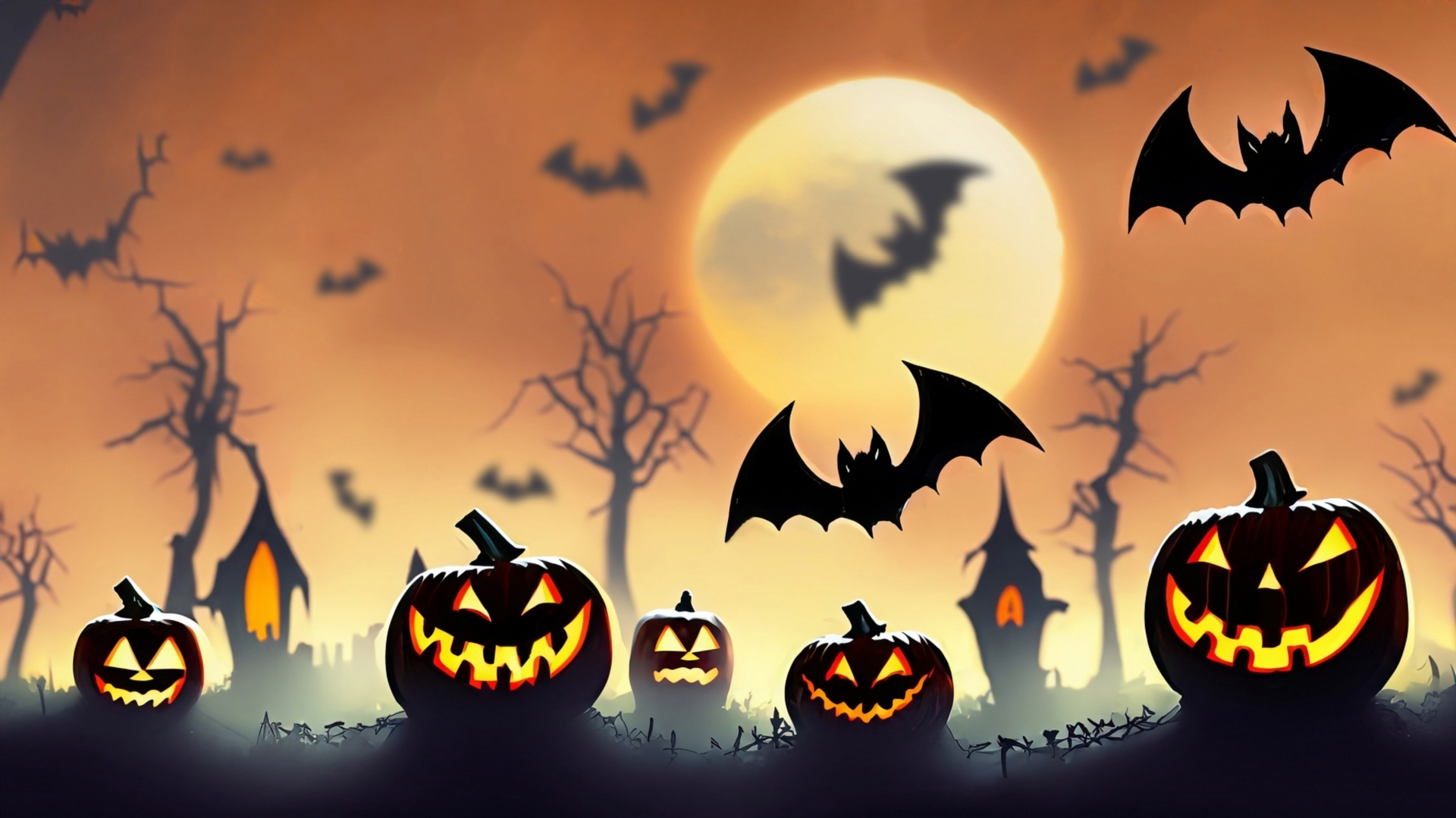 Glowing orange jack-o’-lanterns under a full moon with flying bats, bare trees and a misty cemetery.